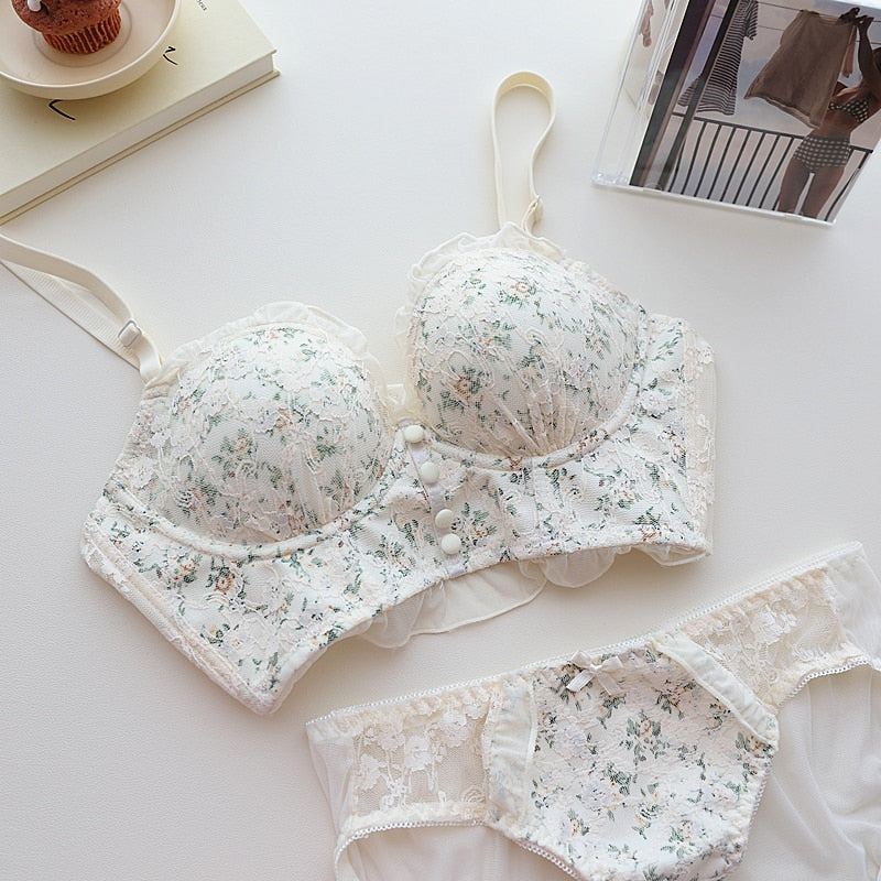 Idyllic floral underwear adjustment type upper thin lower thick gather anti-sagging bra set female lingerie - Sabreeonline