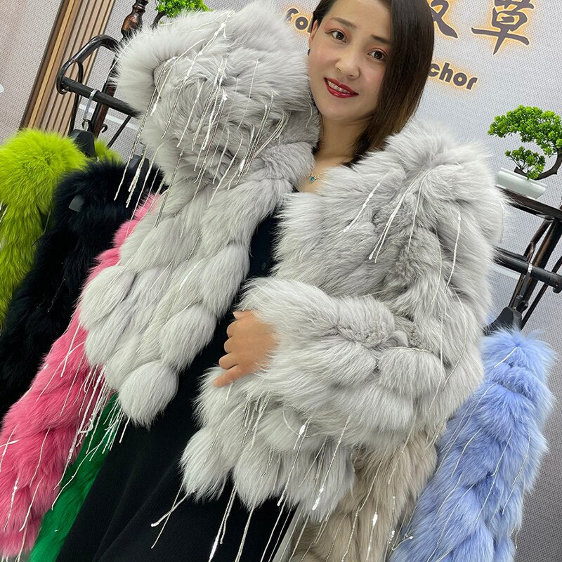 Natural Fox Fur Coat With Tassels Fashion winter Warm fur coat women CoatsReal Fox Fur jackets fur coatThick abrigos Jackets - Sabreeonline
