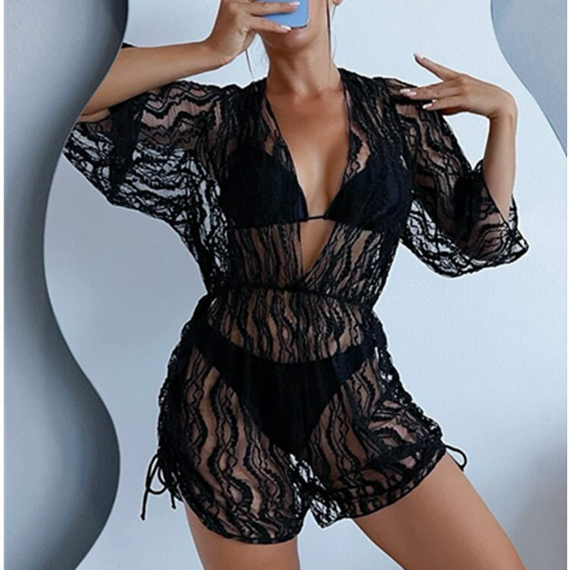New White Lace Up Bikini High Waist Sexy Three Piece