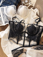 Sexy fishbone vest bra panty set eyelashes lace perspective soft steel ring anti-sagging underwear women bralette - Sabreeonline