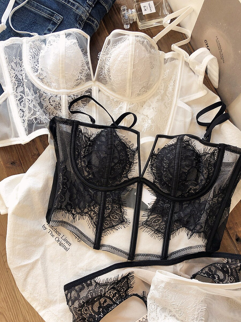 Sexy fishbone vest bra panty set eyelashes lace perspective soft steel ring anti-sagging underwear women bralette - Sabreeonline