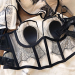 Sexy fishbone vest bra panty set eyelashes lace perspective soft steel ring anti-sagging underwear women bralette - Sabreeonline