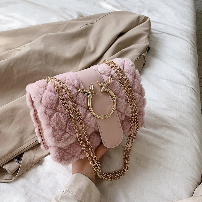 Soft Women Lock Chain Plush Shoulder Messenger Bag - Sabreeonline