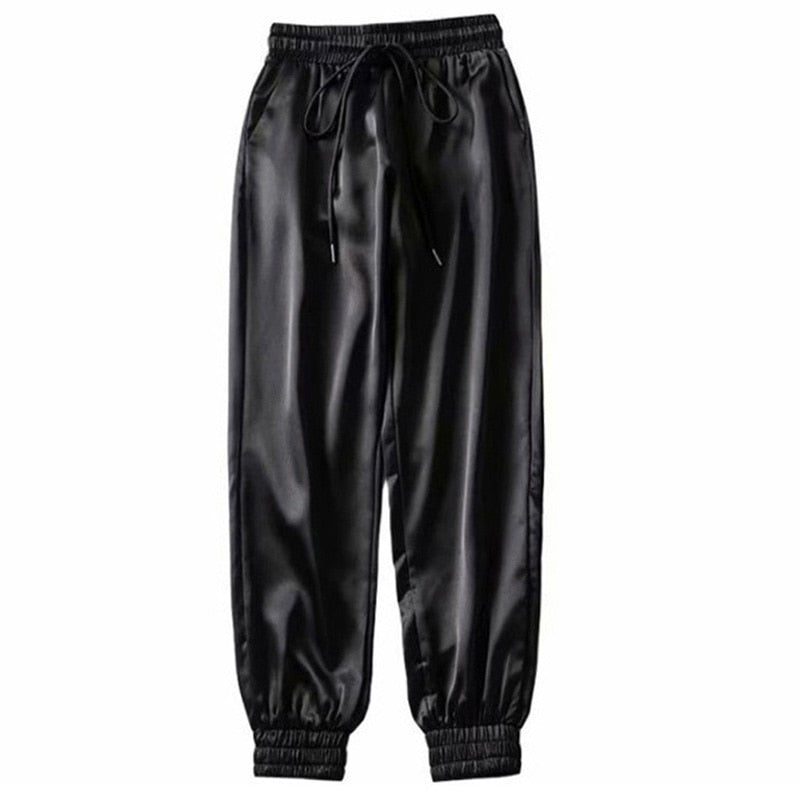 New High Waist Satin Pants Women Bsolid Color Black Joggers Women Trousers Casual Pants Cargo Sweatpants Korean Red Fall - Sabreeonline