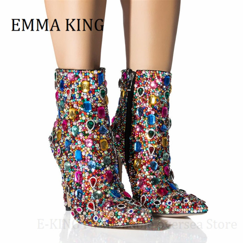 Women Multicolor Crystal Ankle Boots Sexy Stiletto Heels Rhinestone Cocktail Booties Ladies Bling Party Shoes Botas De Mujer - Sabreeonline