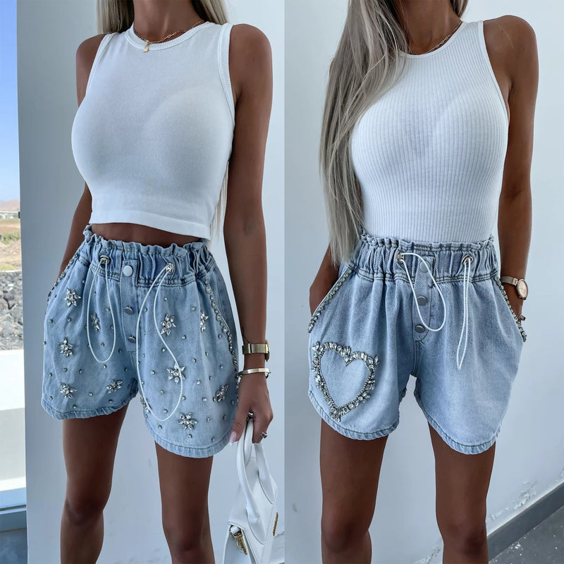 High Waist Fashion Loose Wide Leg Shorts Handmade Beaded 2023 Summer New A-line Exquisite Rhinestone Denim Pants for Women