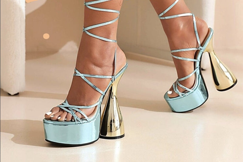 Blue Shiny Platform Pumps - Sabreeonline
