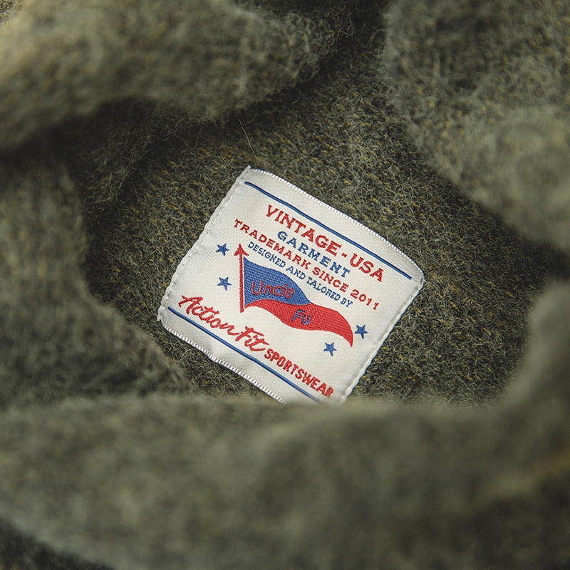 Maden Men&#39;s Vintage Warm Soft Mohair Turtleneck Sweater Green Grey Long Sleeve Sweater With Elbow Patch - Sabreeonline