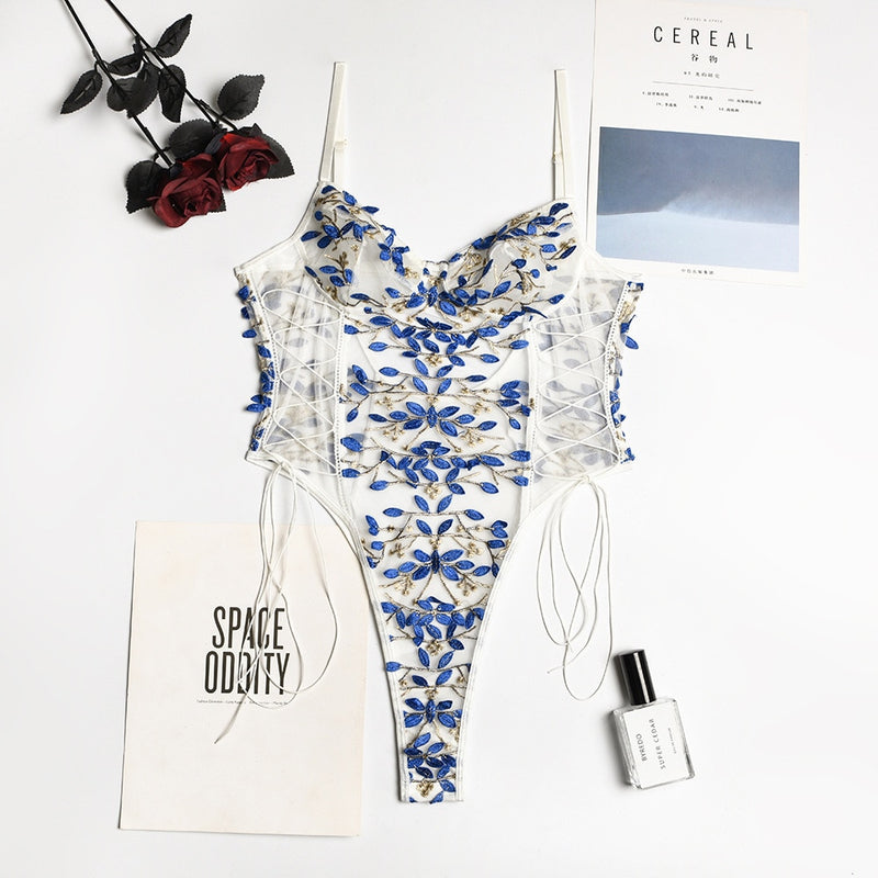 Women Teddy lingerie Sexy Underwear Erotic Corset Lace Mesh Sleepwear Nightwear  Embroidered strap one-piece sexy pajamas - Sabreeonline