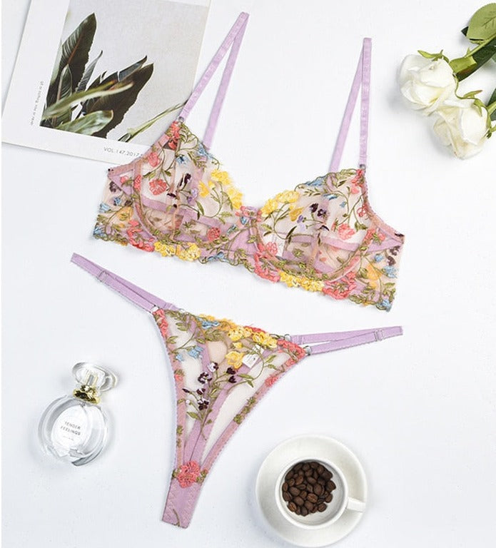 Ellolace Erotic Lingerie Fairly Lace Transparent Underwear Set Girl Floral Embroidery Sexy Fancy Clear Bra Set Women 2 Piece - Sabreeonline