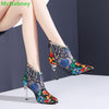 Patchwork Fabric Mesh Embroidery Boots For Women Crystal Design Back Zipper Ankle-High Pointed Toe Thin High Heel Female Shoes - Sabreeonline