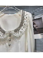HIGH QUALITY New Fashion 2023 Designer Shirt Women's Granular Beaded Neck Flare Sleeve Shirt T-shirt - Sabreeonline