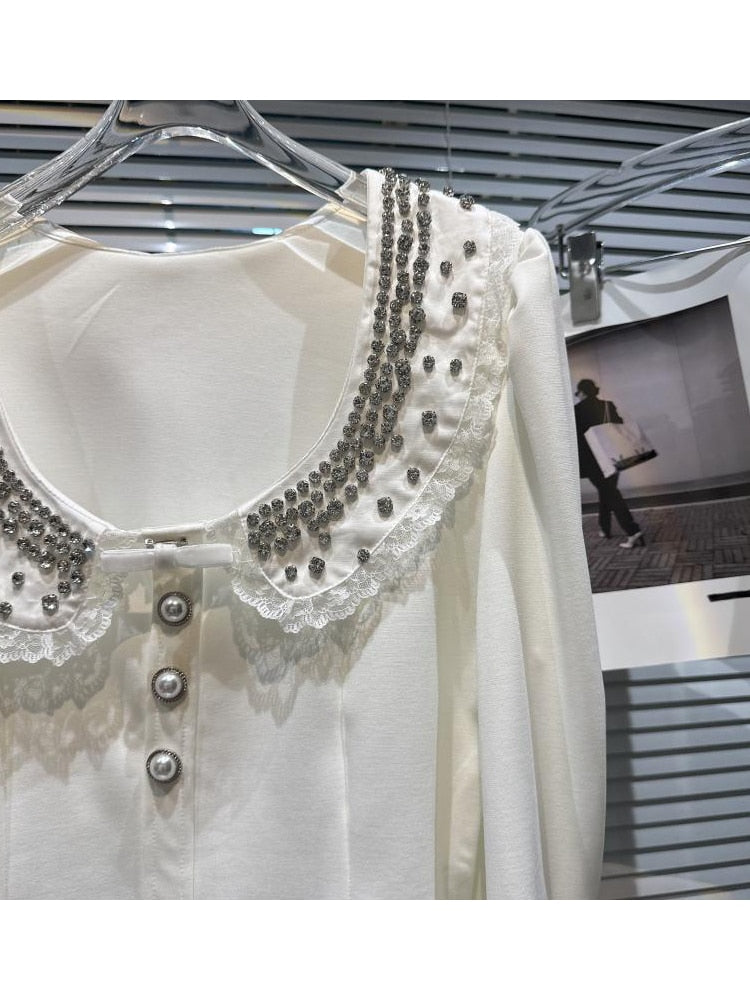 HIGH QUALITY New Fashion 2023 Designer Shirt Women's Granular Beaded Neck Flare Sleeve Shirt T-shirt - Sabreeonline