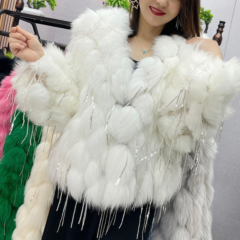 Natural Fox Fur Coat With Tassels Fashion winter Warm fur coat women CoatsReal Fox Fur jackets fur coatThick abrigos Jackets - Sabreeonline