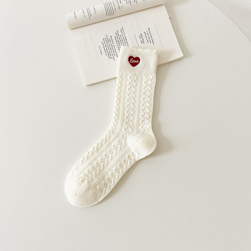 Casual Solid White Socks Women Embroidery Bear Love Flowers Girl Rabbit Cartoon Socks Spring Autum Harajuku Middle Socks - Sabreeonline