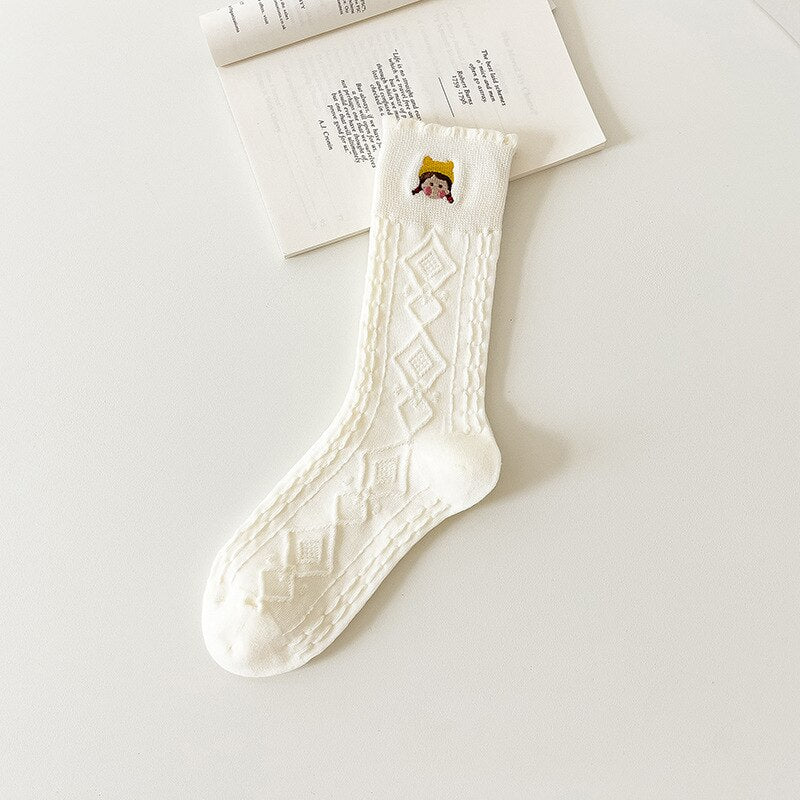Casual Solid White Socks Women Embroidery Bear Love Flowers Girl Rabbit Cartoon Socks Spring Autum Harajuku Middle Socks - Sabreeonline
