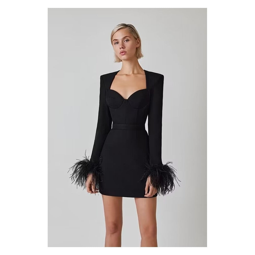 Mini Bodycon Black Feather Long Sleeve - Sabreeonline