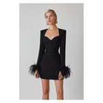 Mini Bodycon Black Feather Long Sleeve - Sabreeonline