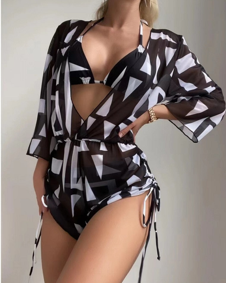 New White Lace Up Bikini High Waist Sexy Three Piece