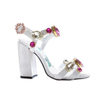 White Gemstone Chunky Heel Sandals - Sabreeonline