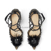 Fur with Rhinestone Flower Decor High Heel Pointed Toe Dress Shoes Women Crystal Cross Belt Party Pumps Stiletto Heels - Sabreeonline
