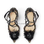 Fur with Rhinestone Flower Decor High Heel Pointed Toe Dress Shoes Women Crystal Cross Belt Party Pumps Stiletto Heels - Sabreeonline