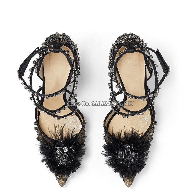 Fur with Rhinestone Flower Decor High Heel Pointed Toe Dress Shoes Women Crystal Cross Belt Party Pumps Stiletto Heels - Sabreeonline