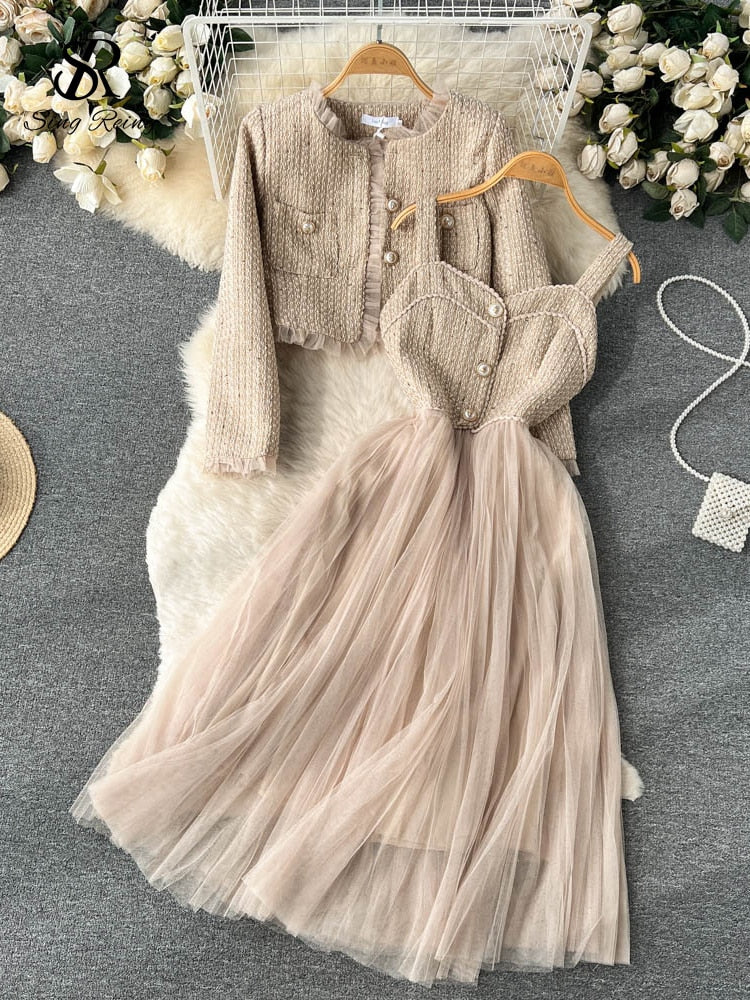 Short Cardigan and Mesh Long Skirts Winter Two Pieces Suits - Sabreeonline