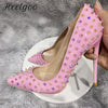 Heelgoo Shiny Spikes Women Patent Pink Pointy Toe Sexy High Heel Party Shoes Rivets Studs Ladies Slip On Stiletto Pumps 8-12cm