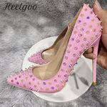 Heelgoo Shiny Spikes Women Patent Pink Pointy Toe Sexy High Heel Party Shoes Rivets Studs Ladies Slip On Stiletto Pumps 8-12cm