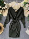Sweater Dress Batwing Sleeve V Neck Elegant Dress Ladies Bandage Dress - Sabreeonline