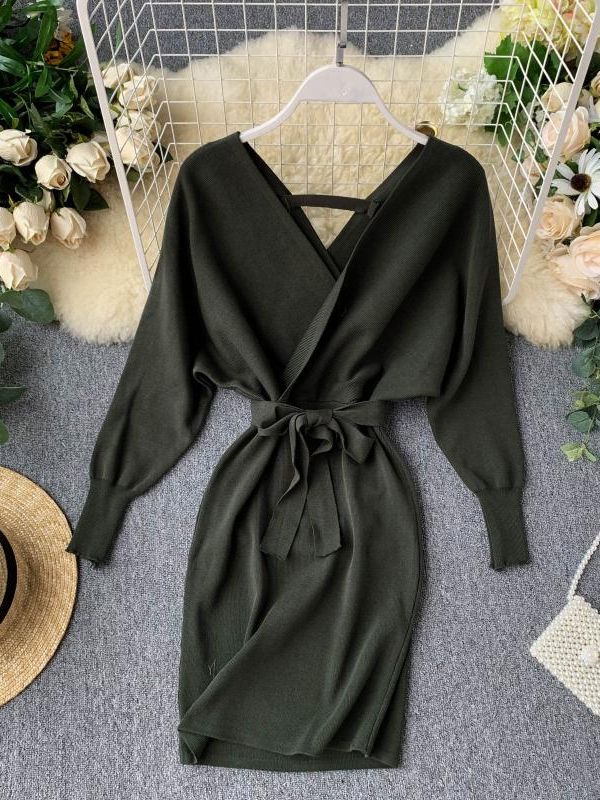 Sweater Dress Batwing Sleeve V Neck Elegant Dress Ladies Bandage Dress - Sabreeonline