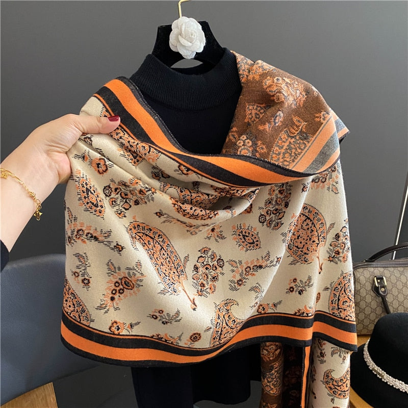Luxury Brand Winter Cashmere Scarf for Women Fashion Warm Shawls and Wraps Pashmina Neckerchief Poncho Tassel Bufandas Echarpe - Sabreeonline