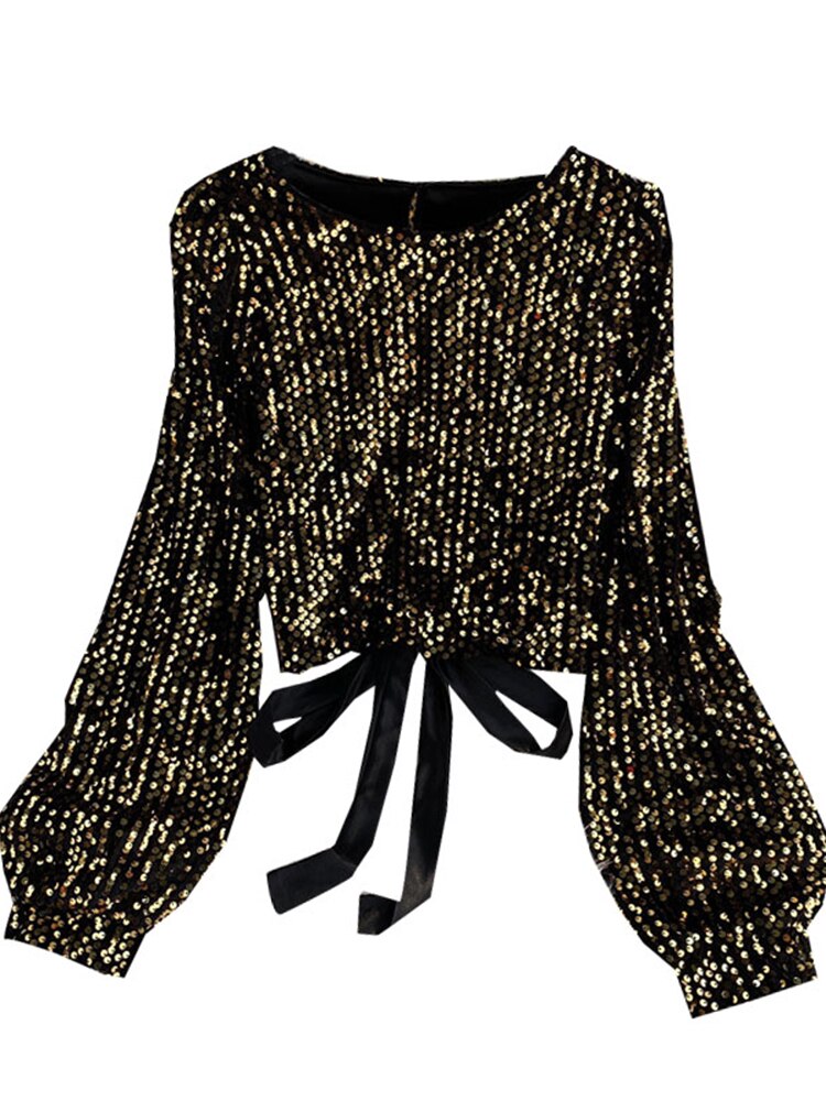 O-Neck Shirts Long-sleeved Open Back Lace-up Bow Short Tops Female - Sabreeonline