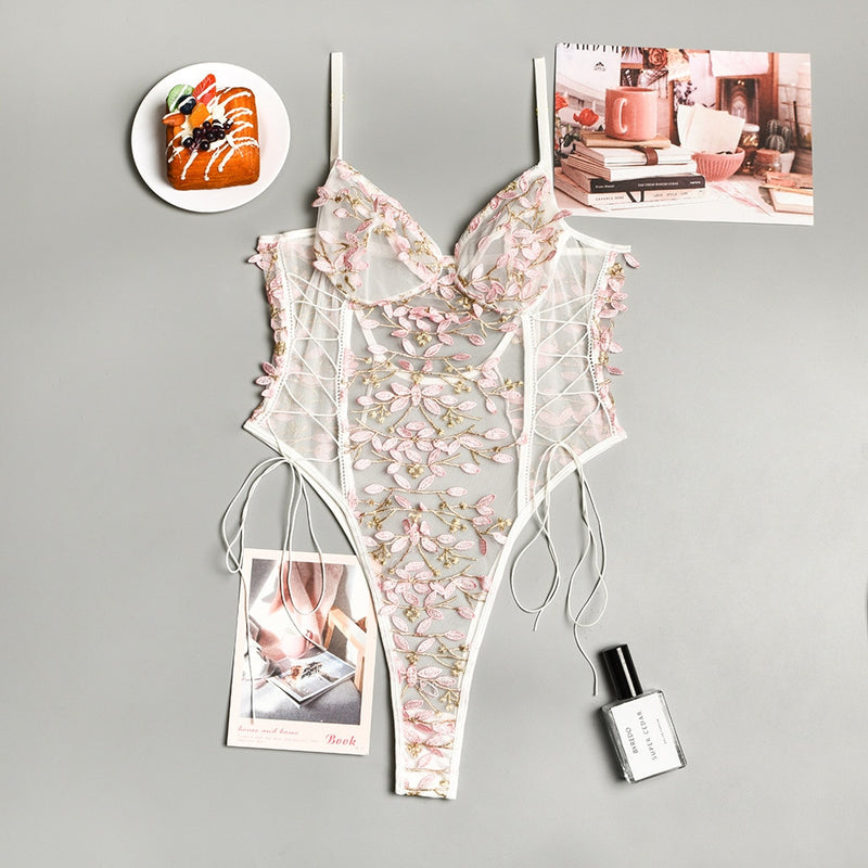 Women Teddy lingerie Sexy Underwear Erotic Corset Lace Mesh Sleepwear Nightwear  Embroidered strap one-piece sexy pajamas - Sabreeonline