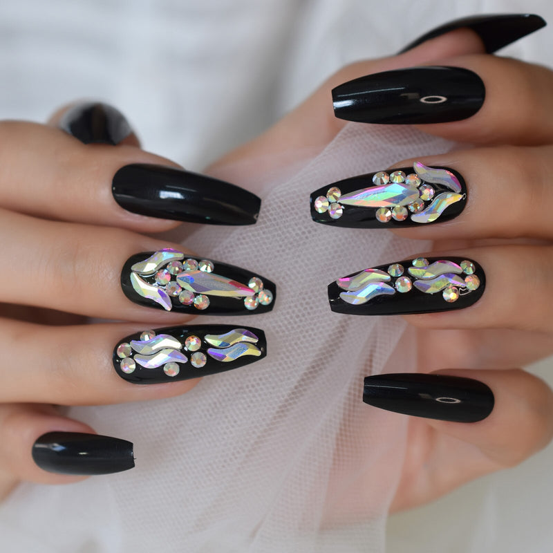 Large Stone Decorative Gradient Press On Finger Nails Extra Long Ballerina Fake Nails Manicure Designed Tips Real Nail Picture