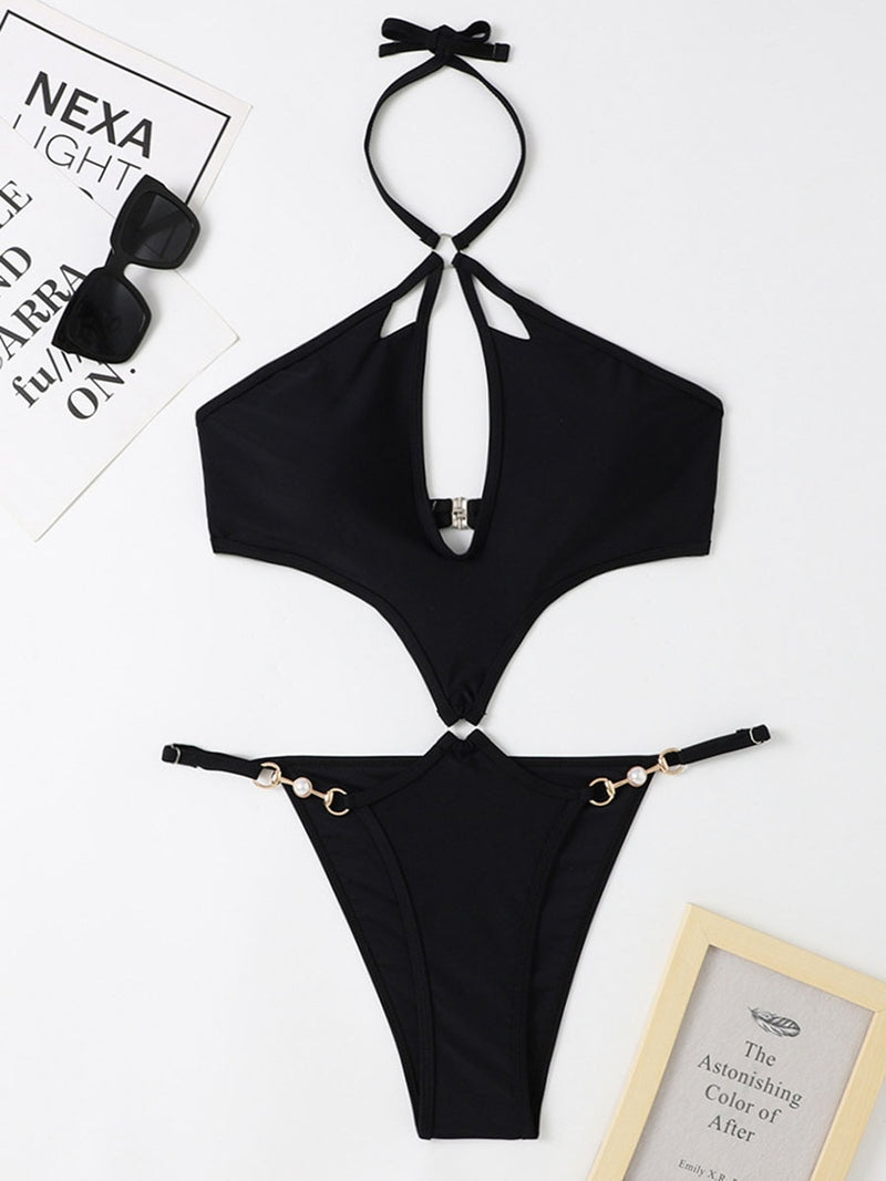 Sexy Halter Solid One Piece Swimsuit 2023 New Hollow Out  DiamondPush Up Bikini Beach Cut Out Bathing Suit Trikini Swimwear - Sabreeonline