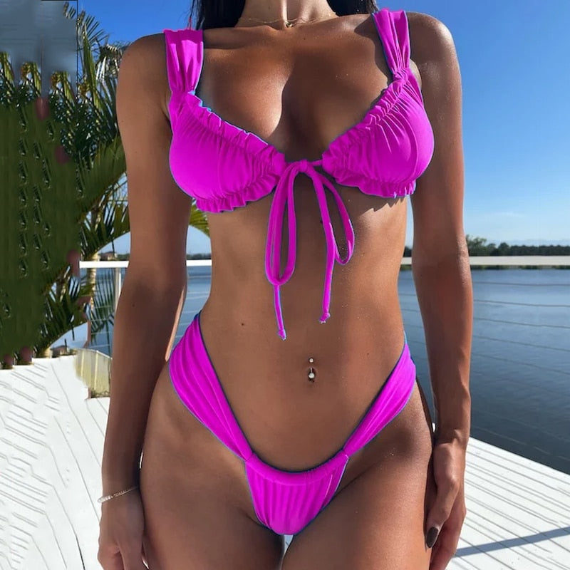 Sexy Bikini Two Piece Lace Up Pleated