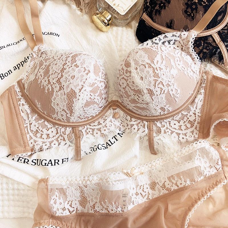 Lace sexy small chest gather lingerie no steel ring upper thin and lower thick underwear set women adjusting bra panty suit - Sabreeonline