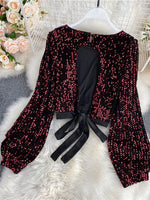 O-Neck Shirts Long-sleeved Open Back Lace-up Bow Short Tops Female - Sabreeonline