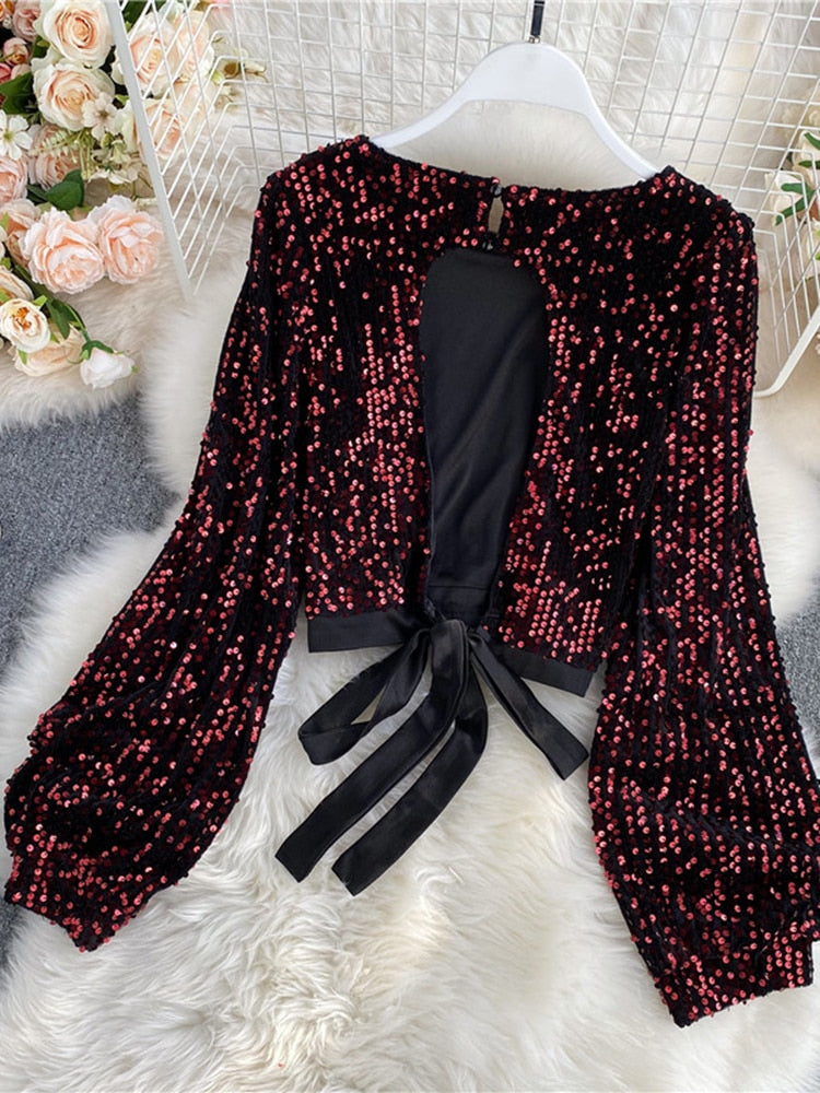 O-Neck Shirts Long-sleeved Open Back Lace-up Bow Short Tops Female - Sabreeonline