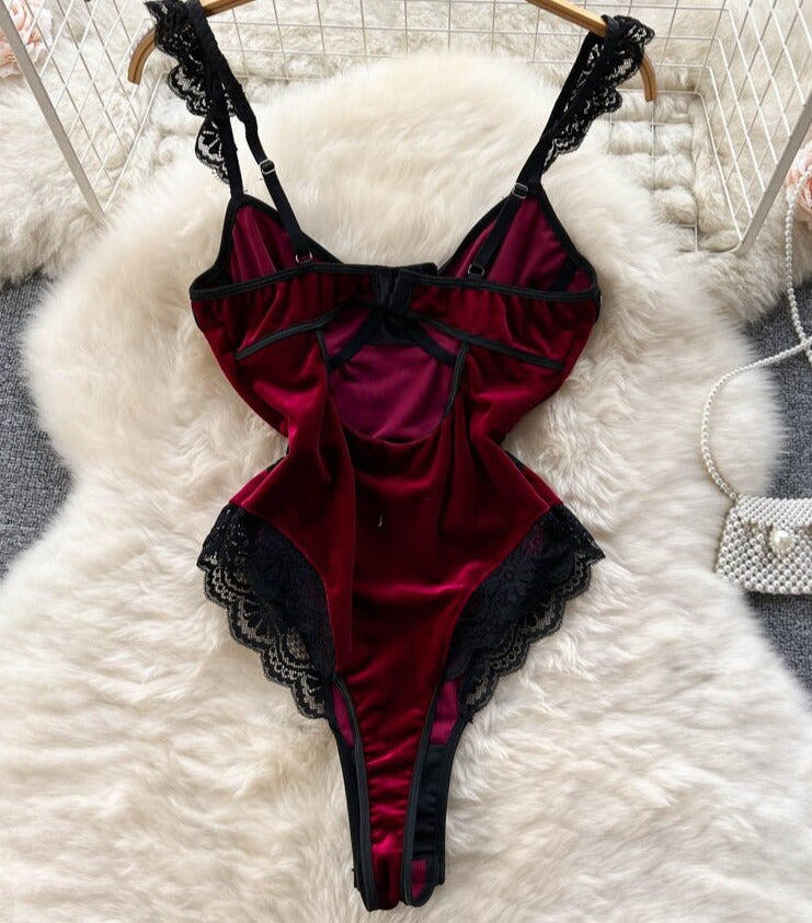 Ruffled Lace Backless Velvet Erotic Sensual Bodysuits - Sabreeonline
