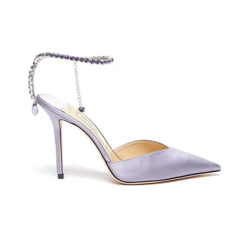 High Heels 2022 New Summer Rhinestone Chain Pointed Black Sexy Thin Heel Baotou Sandals