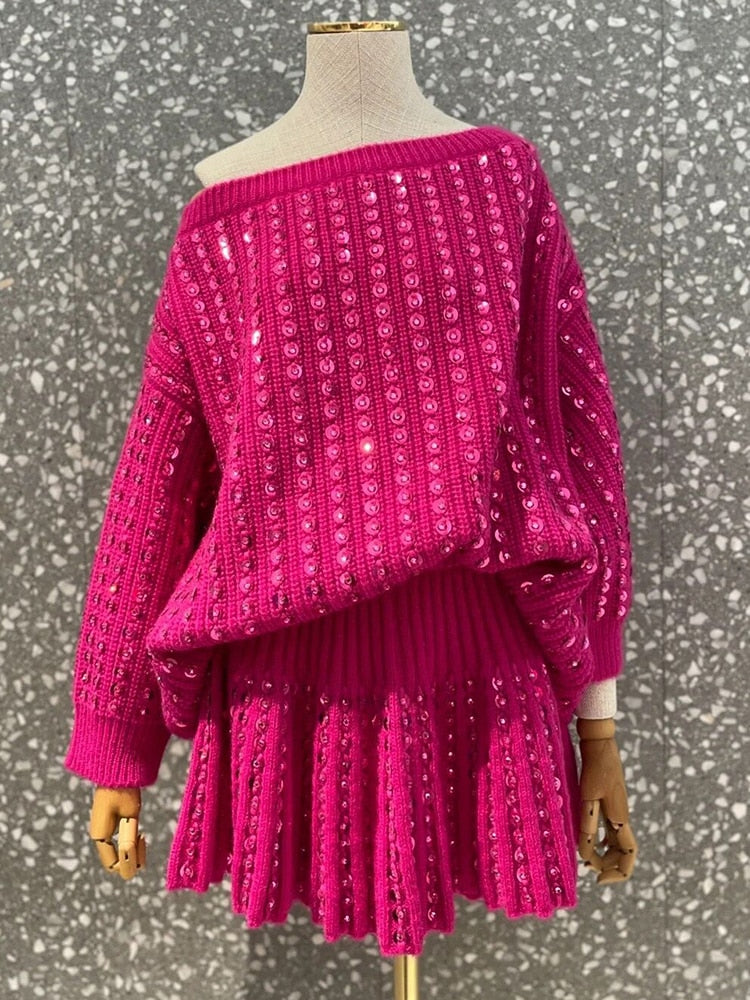Glitter Sequined Beaded Pullover Sweater & Mini Skirt - Sabreeonline