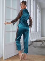 Women's Satin Pajamas Set Gorgeous Sleeve Top with Pant Contrast Lace Lounge Wear Hollow Out 2pcs Sleepwear - Sabreeonline
