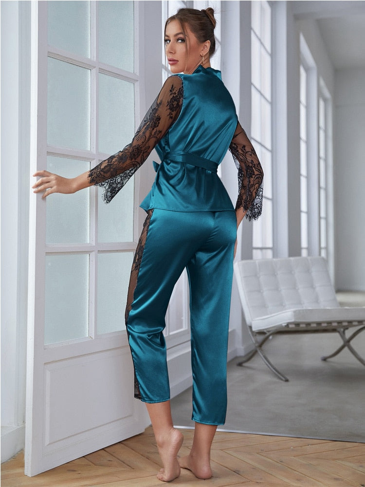 Women's Satin Pajamas Set Gorgeous Sleeve Top with Pant Contrast Lace Lounge Wear Hollow Out 2pcs Sleepwear - Sabreeonline