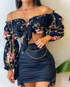 Flowers Print Slash Neck Long Sleeves Crop Top Skirts 2 Pcs