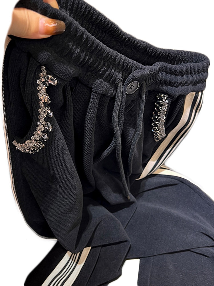 Thickened Black Straight Casual Pants for Women 2022 New Autumn Winter Trousers High Waist Loose Slimming Wide Leg Sweatpants - Sabreeonline