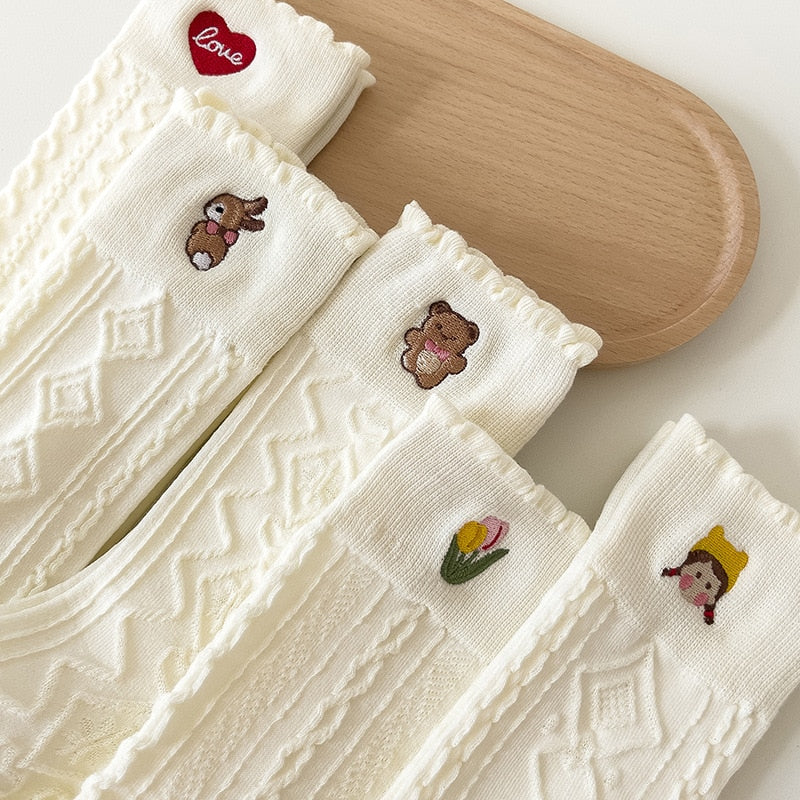 Casual Solid White Socks Women Embroidery Bear Love Flowers Girl Rabbit Cartoon Socks Spring Autum Harajuku Middle Socks - Sabreeonline