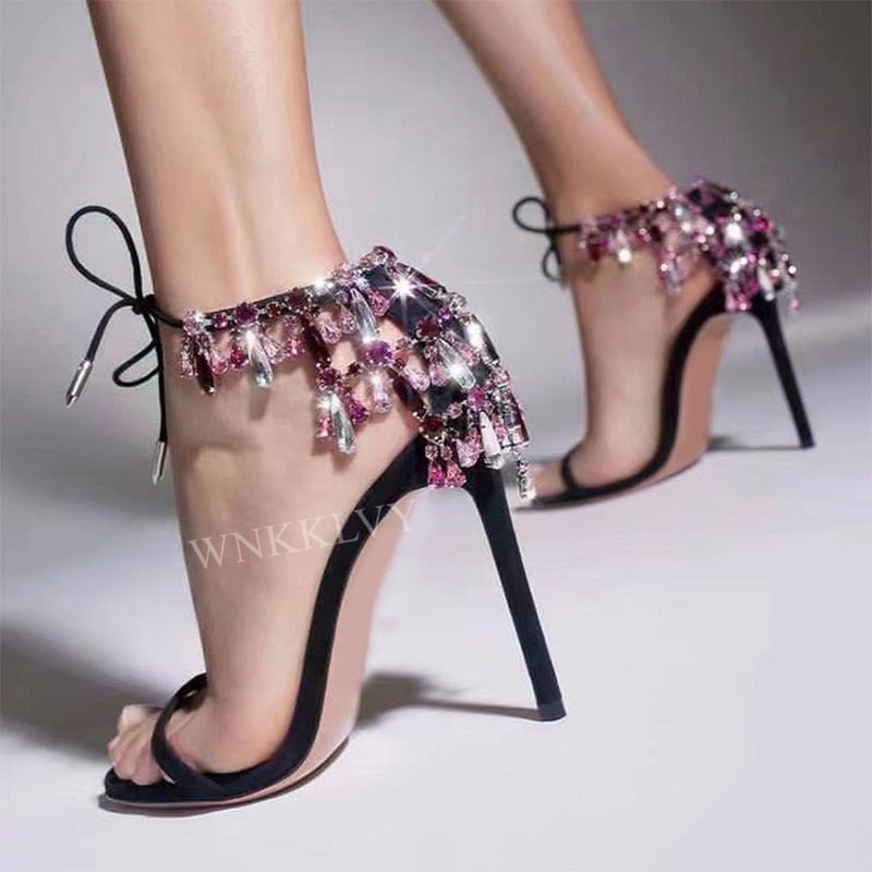 Thin High Heel Ankle Strap Shiny Crystal Shoes - Sabreeonline